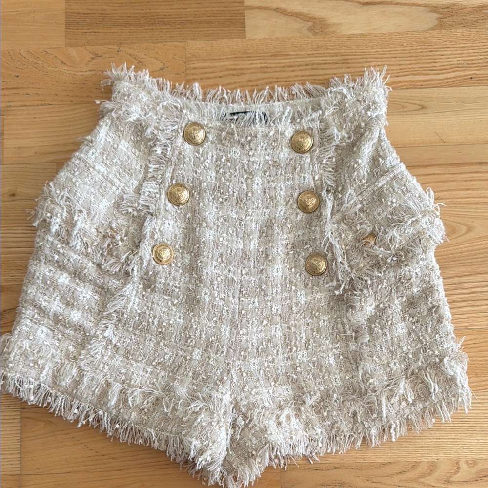 Balmain Cream and Gold High Waist Tweed Shorts 34